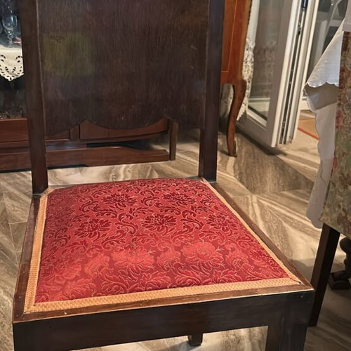 Wooden vintage chairs used, set of 4 with red velvet upholstery