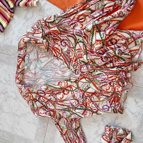 Zara multicolor striped blouse with orange pants and bag set