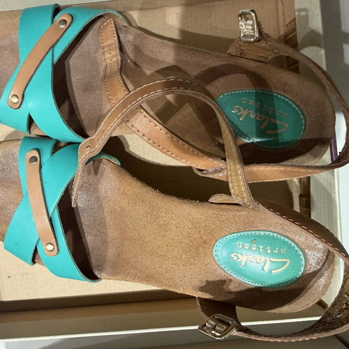 Clarks leather platform sandals used, size 39, brown and turquoise