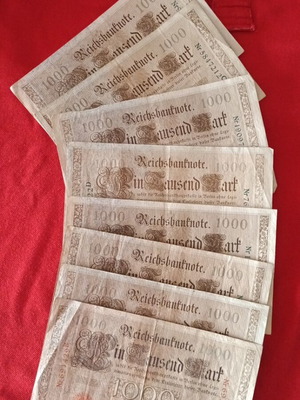 German banknotes 1000 Mark 1910 used, set of 8 with green and red seals