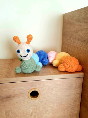 Amigurumi doll colorful caterpillar rattle new, handmade knit
