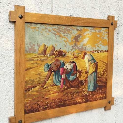 Hand-embroidered painting The Gleaners used with oak frame
