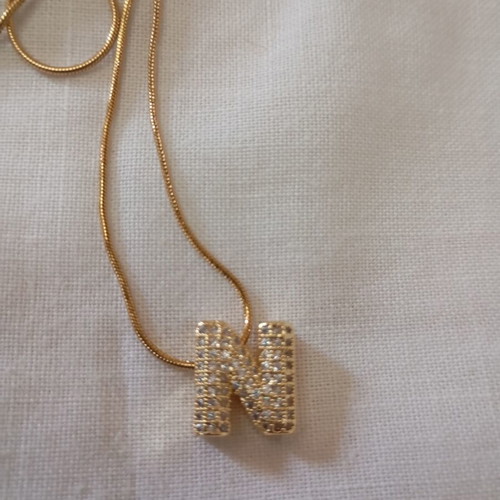 Necklace with letter N pendant, gold tone, decorated with rhinestones