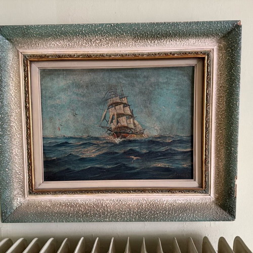 Oil Painting with Sailing Ship on Sea used, vintage nautical theme