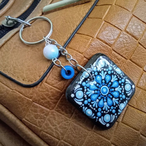 Handmade blue mandala pendant new, hand-painted with acrylics