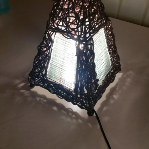 Handmade floor lamp like new made of wood, glass and wire
