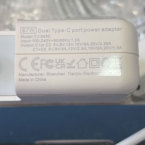 67W Type-C Dual Charger New, Model TJ-343C with Cable and EU Plug