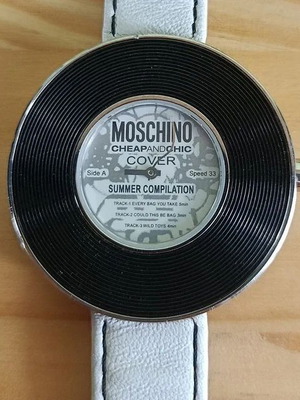 Moschino Cheap and Chic Cover Watch used, vinyl record design, white leather strap