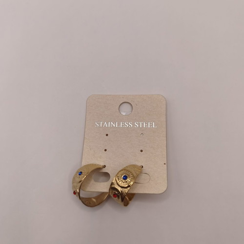 Wide stainless steel hoop earrings with embossed suns and colored crystals