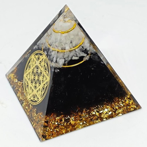 Orgonite pyramid with black tourmaline, quartz and Flower of Life symbol like new