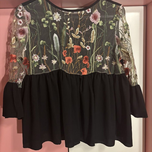 Coocu Black Blouse with Embroidered Floral Tulle Sleeves, Like New, Size M