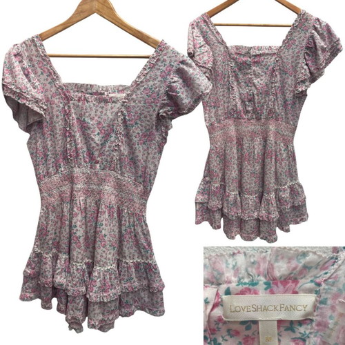 LoveShackFancy Pink Floral Ruffle Smocked Top used, size M