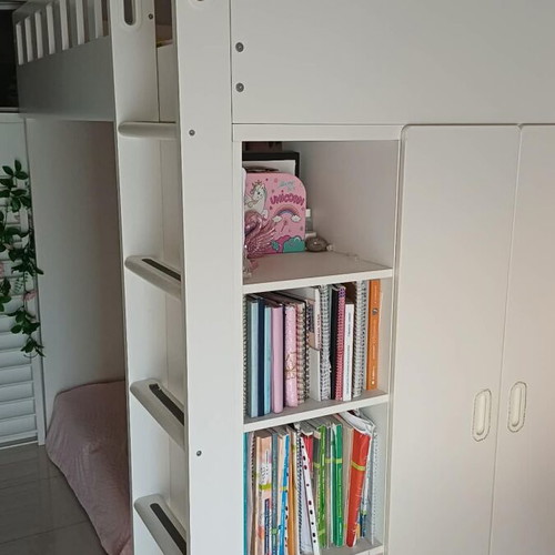 Loft bed with mattress, bookshelf and wardrobe, like new