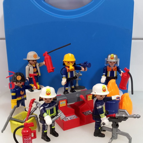 Playmobil Firefighters set in case used, missing one clip