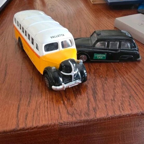 Collectible toy cars used, London Taxi and Valletta bus
