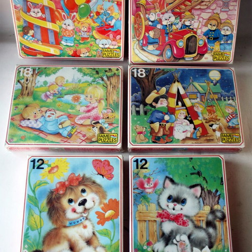 Vintage 80's Kitty Puppy Kids Sarah Kay Fame puzzles sealed, pack of 6