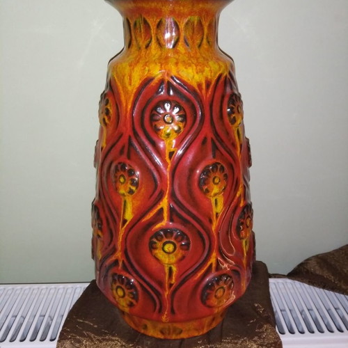 Vintage vase West Germany used, ceramic embossed orange-red