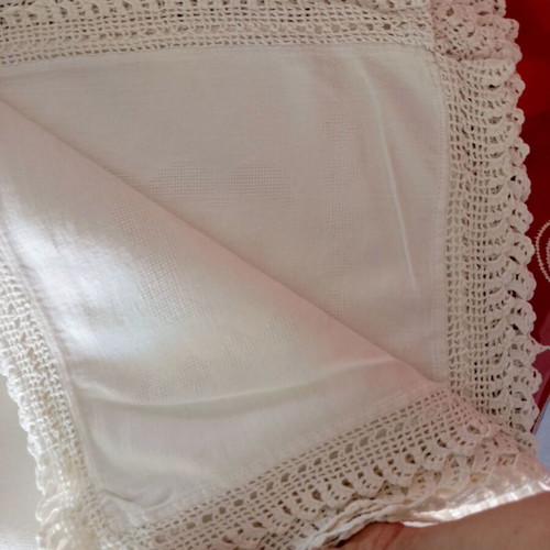 Handmade white tablecloth with thick crochet lace, like new
