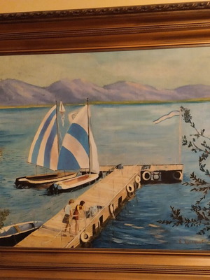 Ξύλινος πίνακας σε μουσαμά σαν καινούργιος, ελληνικός, 92x112 εκ