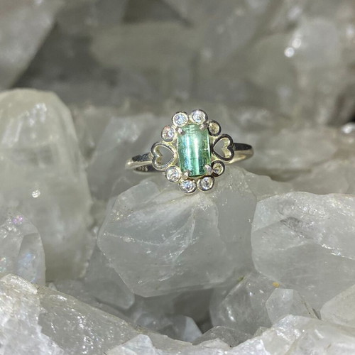 Silver ring with natural green tourmaline and moissanite, new