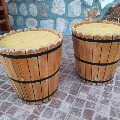 Set of 2 handmade wooden stools and side tables rustic barrel style used