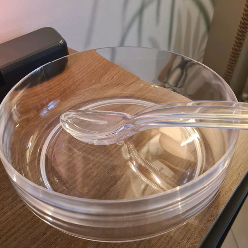 Plexi glass salad bowl new with serving spoons