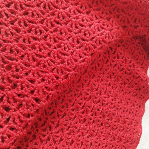 Red merino and silk crochet shawl with sequins