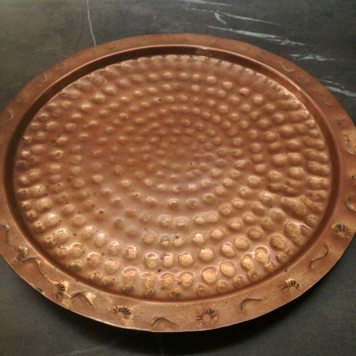 Copper serving set used, 4 pieces with embossed design