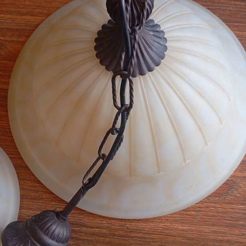 Vintage single pendant ceiling lights used with ribbed glass and bronze suspension