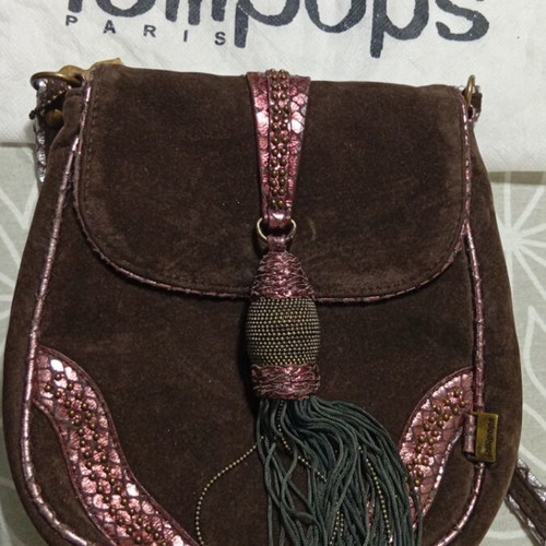 Lollipops Shoulder Bag Vintage New, Suede Brown Snakeskin Print