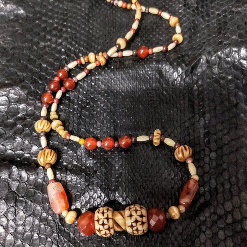 Ethnic style necklace new with carnelian and ivory beads 72-76 cm