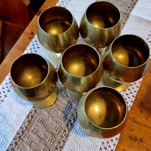 Set of 6 used vintage brass brandy glasses 1950s