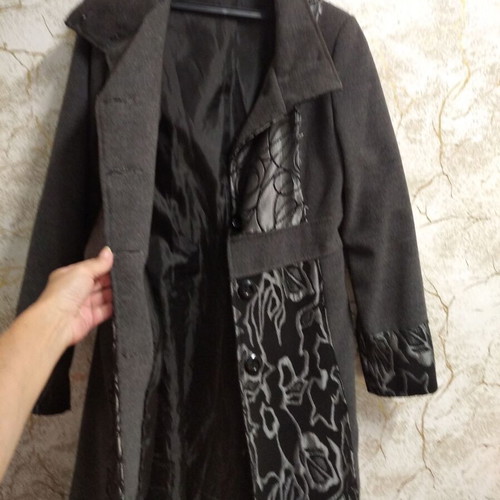 Elegant women's grey coat with silver floral and abstract panels