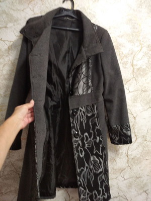 Elegant women's grey coat with silver floral and abstract panels