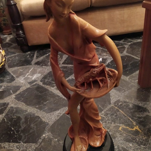 Decorative statue woman with lobster used, height 50 cm