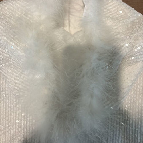 Strapless mini dress used, white with feathers