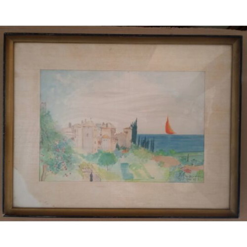 Watercolor painting of Mount Athos used, signed by Karydis