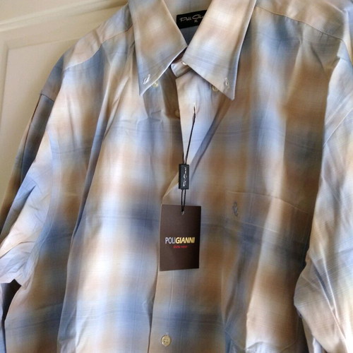 Poli Gianni men's long-sleeve shirt new, XL, beige and blue checkered