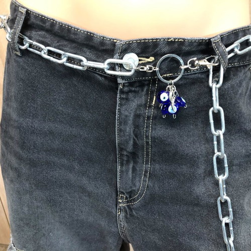 Silver Chunky Paperclip Chain Belt with Evil Eye and Key Charms Y2K Grunge
