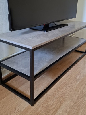 Two-tier grey TV stand with metal frame