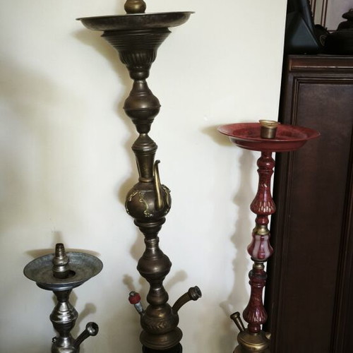 Vintage hookahs, set of three, various sizes and materials