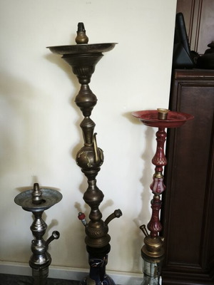 Vintage hookahs, set of three, various sizes and materials
