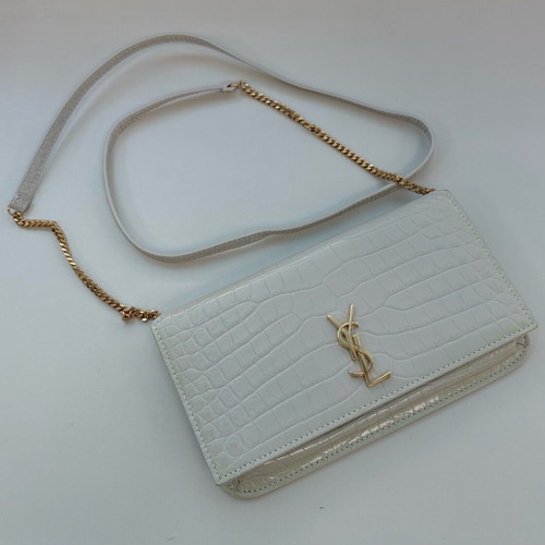 Saint Laurent Cassandre Croc-Embossed Leather Phone Holder Chain Bag, Ivory