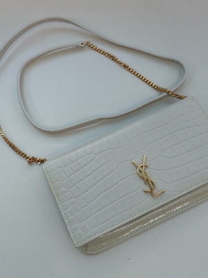 Saint Laurent Cassandre Croc-Embossed Leather Phone Holder Chain Bag, Ivory