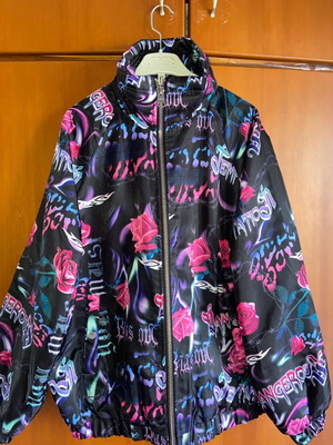 Bershka jacket with designs black, purple, pink like new, M-L