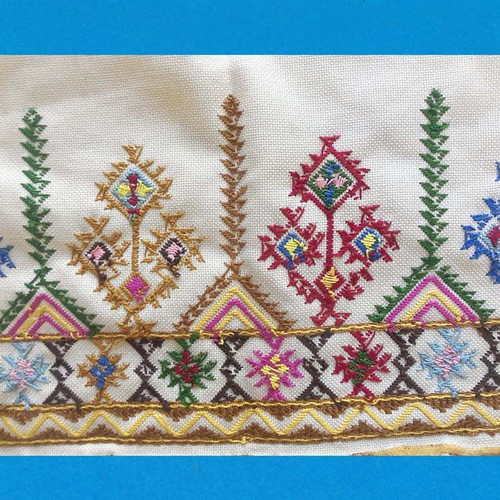 Folk Art Handmade Embroidered Fabric with Geometric Patterns used, 1m x 36cm