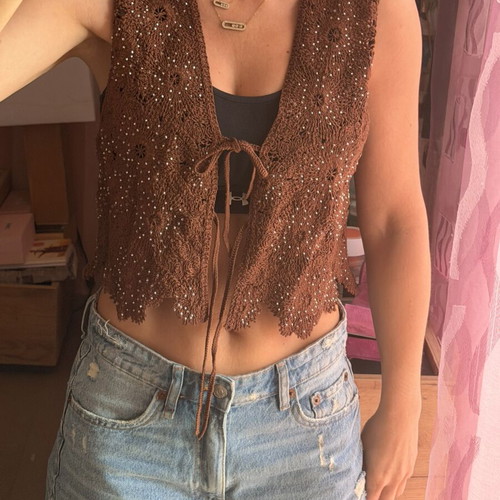 Zara Crochet Vest with Beads Size S New Brown