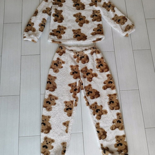 Warm fleece set for girls No.6/8 like new, beige with teddy bears