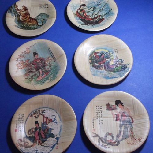 Bamboo coasters used, set of 6, hand-painted vintage from Taiwan
