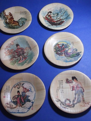 Bamboo coasters used, set of 6, hand-painted vintage from Taiwan